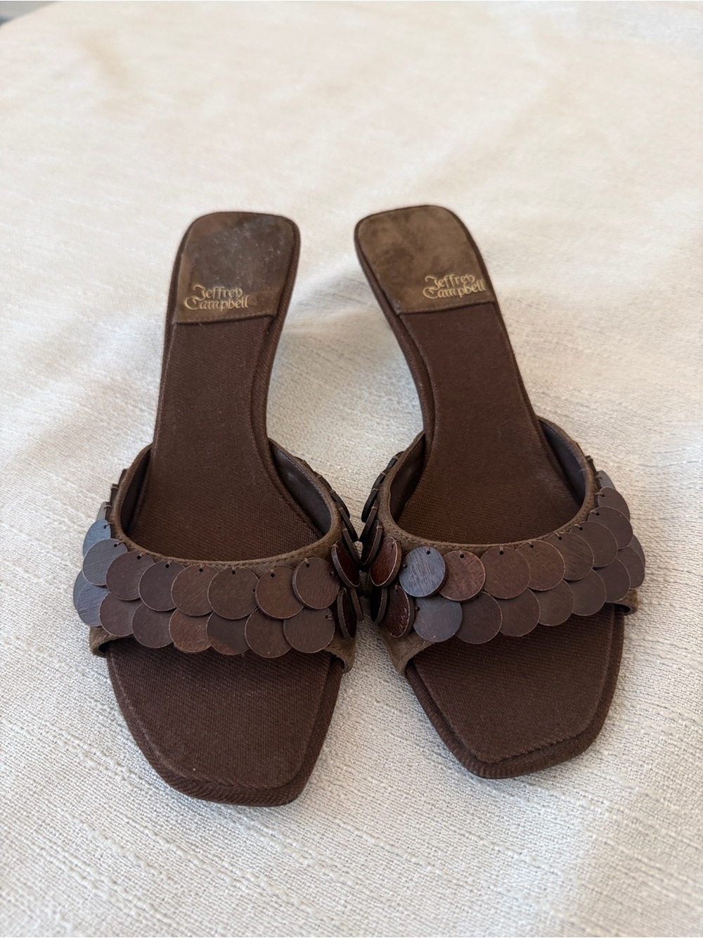 Jeffrey Campbell | Islara brown suede wood disc kitten heel sandals size 6